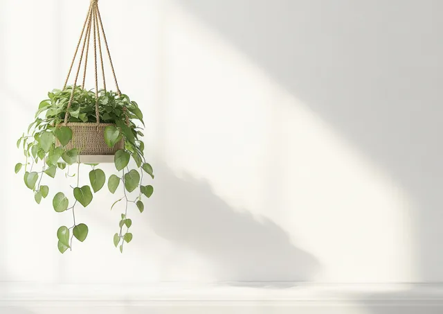 Trailing green plant in a macrame hanger hangs over stacked books on a shelf against a white wall.