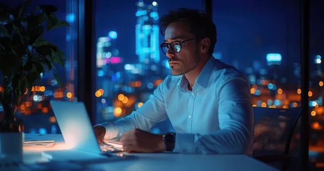 A focused man in glasses types on a laptop at night in an office with city lights glowing through large windows.