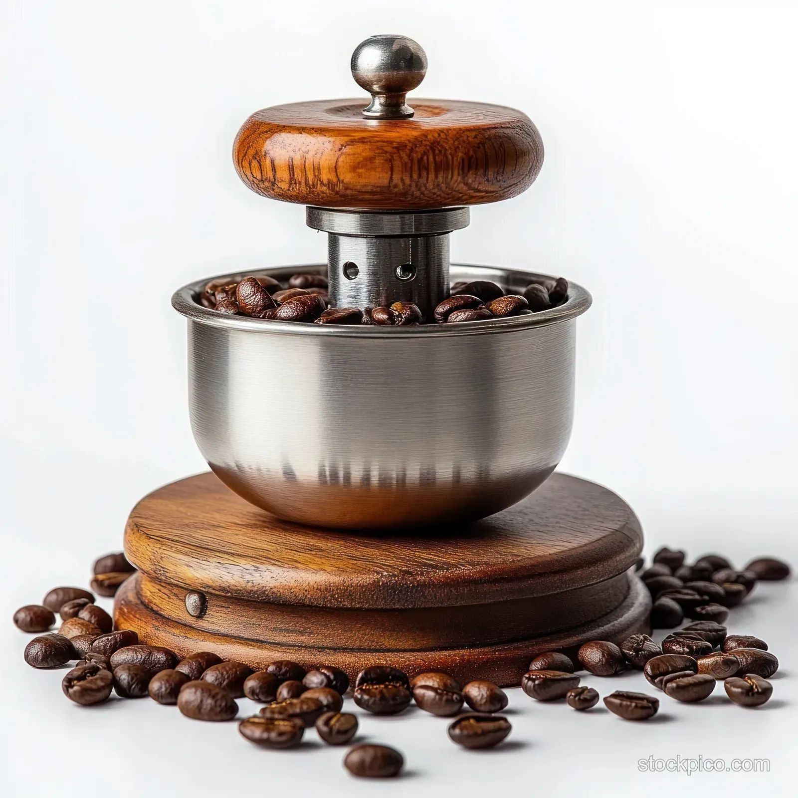 Vintage wooden manual coffee grinder with stainless steel bowl open, surrounded by scattered roasted coffee beans.