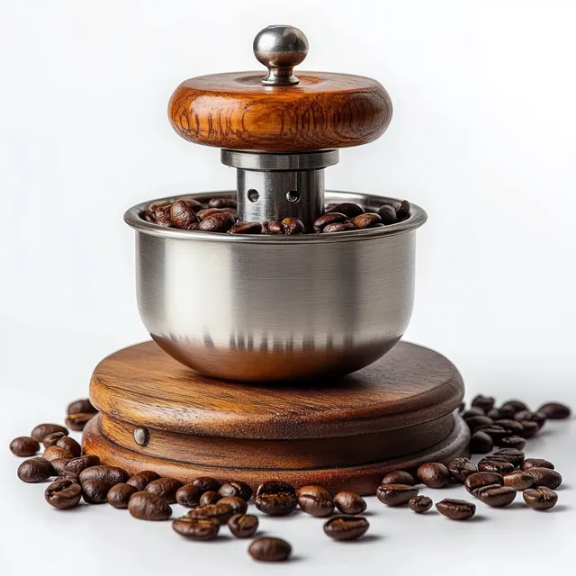 Vintage wooden manual coffee grinder with stainless steel bowl open, surrounded by scattered roasted coffee beans.