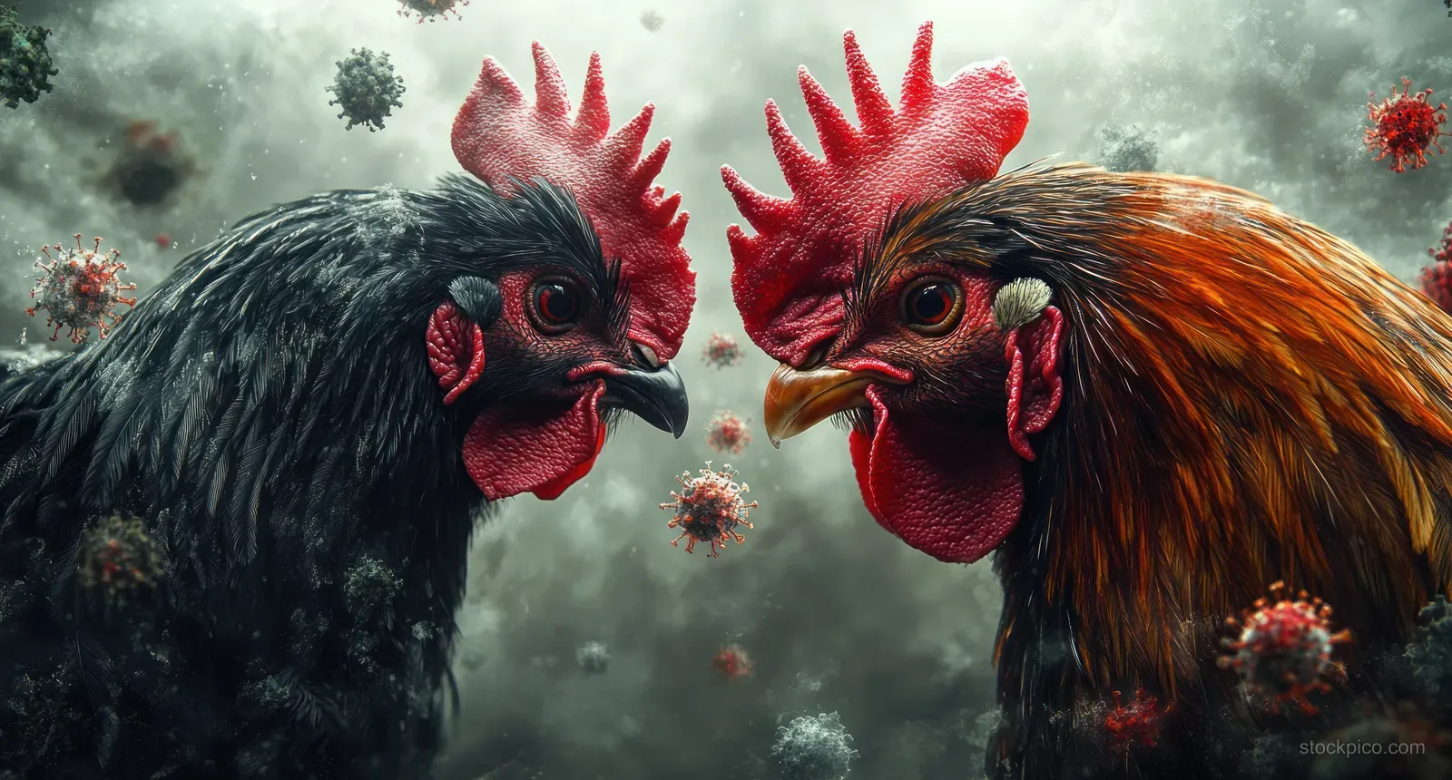 Two chickens face each other amid swirling virus-like particles in a hazy biohazard farm setting.