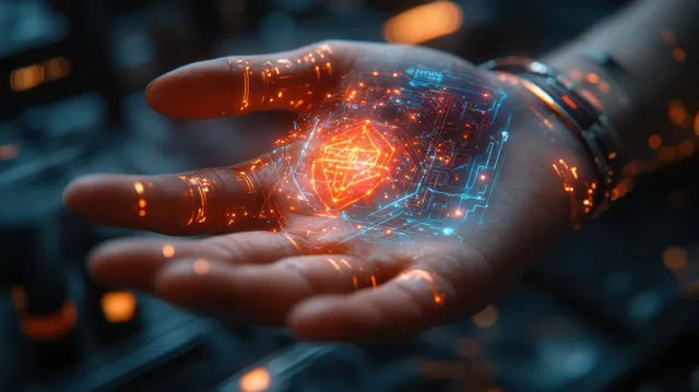 A robotic hand holds a glowing holographic AI core over a blurred medical technology dashboard.