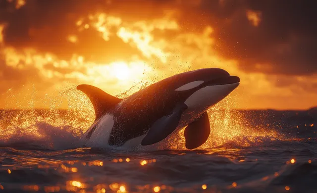 Two orcas breach the ocean surface in a Norway fjord, splashing water as sunset light fills the sky.