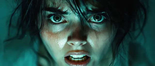 Fearful woman close-up with wet hair under blue-green dramatic lighting, mouth slightly open