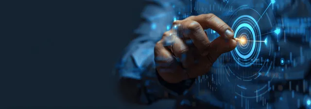 Business analyst in suit touching holographic finance chart and target icons in dark studio