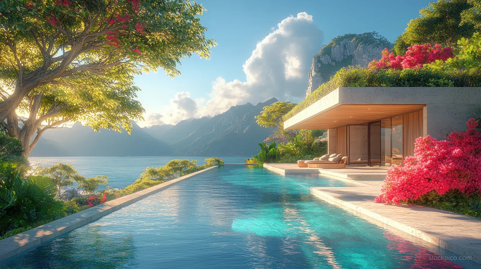 Sunset-lit oceanfront pool beside a glass balcony with flowering bushes and distant mountains.
