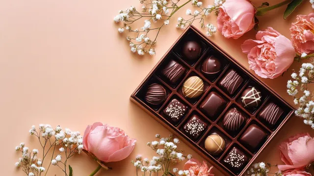 Assorted chocolate pralines in an open box surrounded by pink roses and white baby's breath on a peach background.