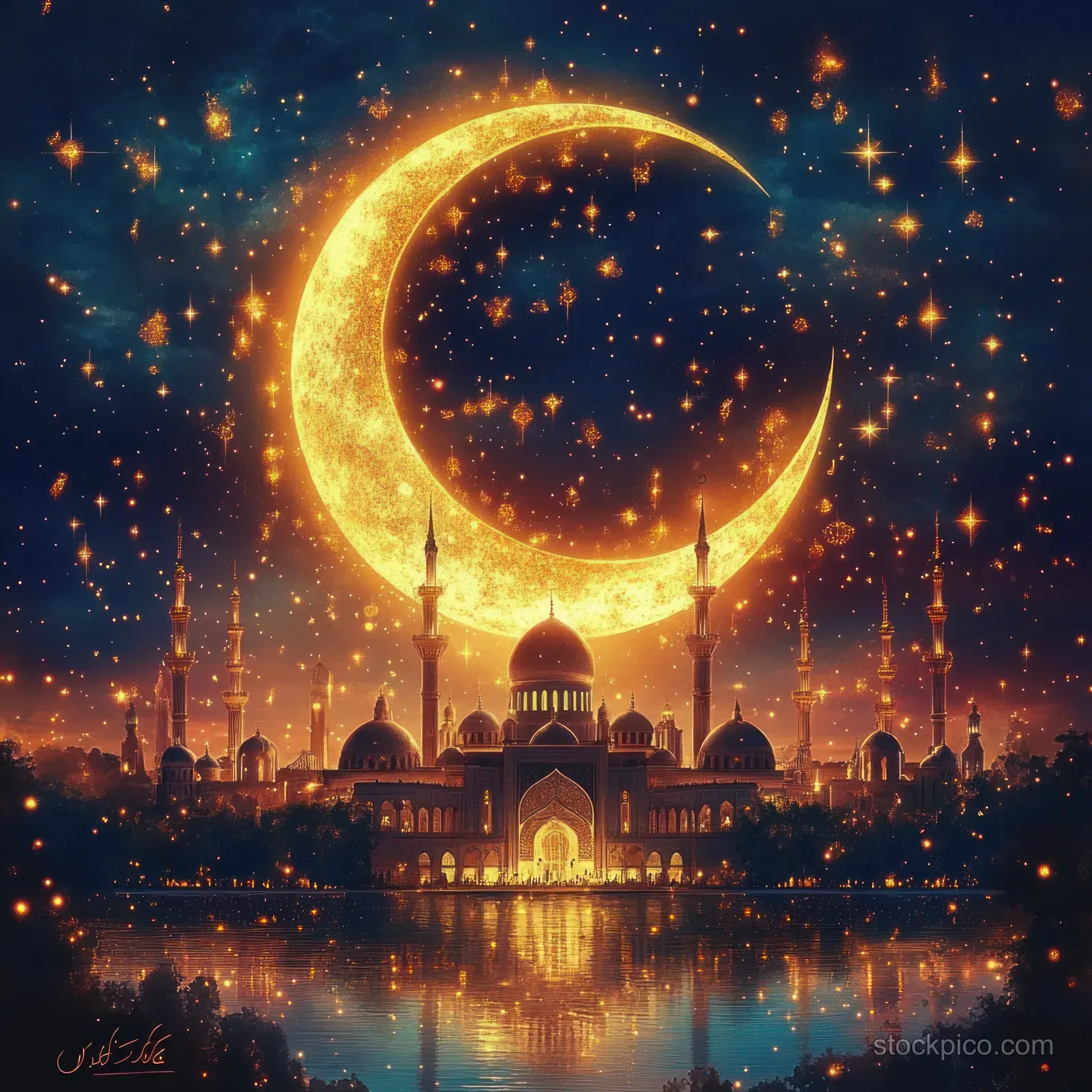 An illuminated mosque with minarets reflects in calm water under a glowing crescent moon and starry night sky.