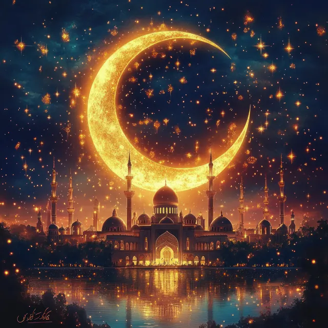 An illuminated mosque with minarets reflects in calm water under a glowing crescent moon and starry night sky.