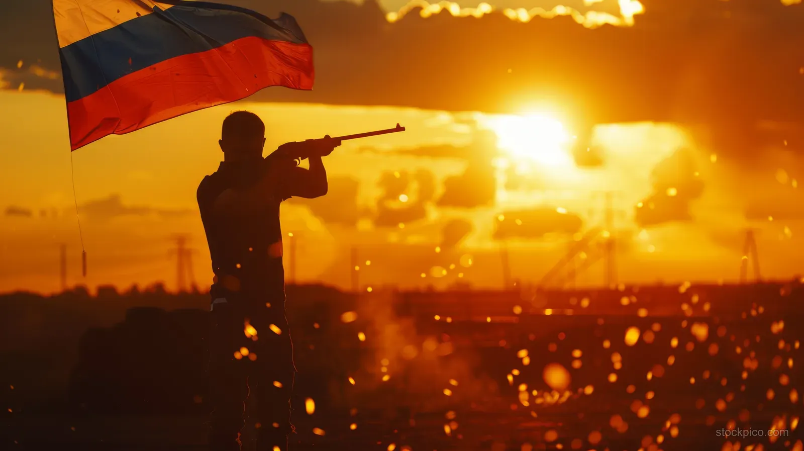 Silhouetted Russian skeet shooter aims at clay targets at sunset while clay fragments scatter in the air.