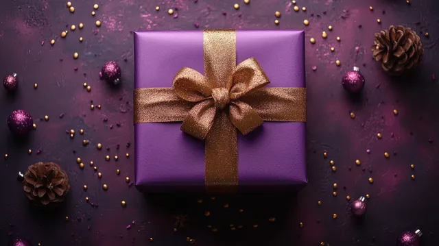 Purple gift box with gold ribbon, soft top view, tiny confetti and ornaments around