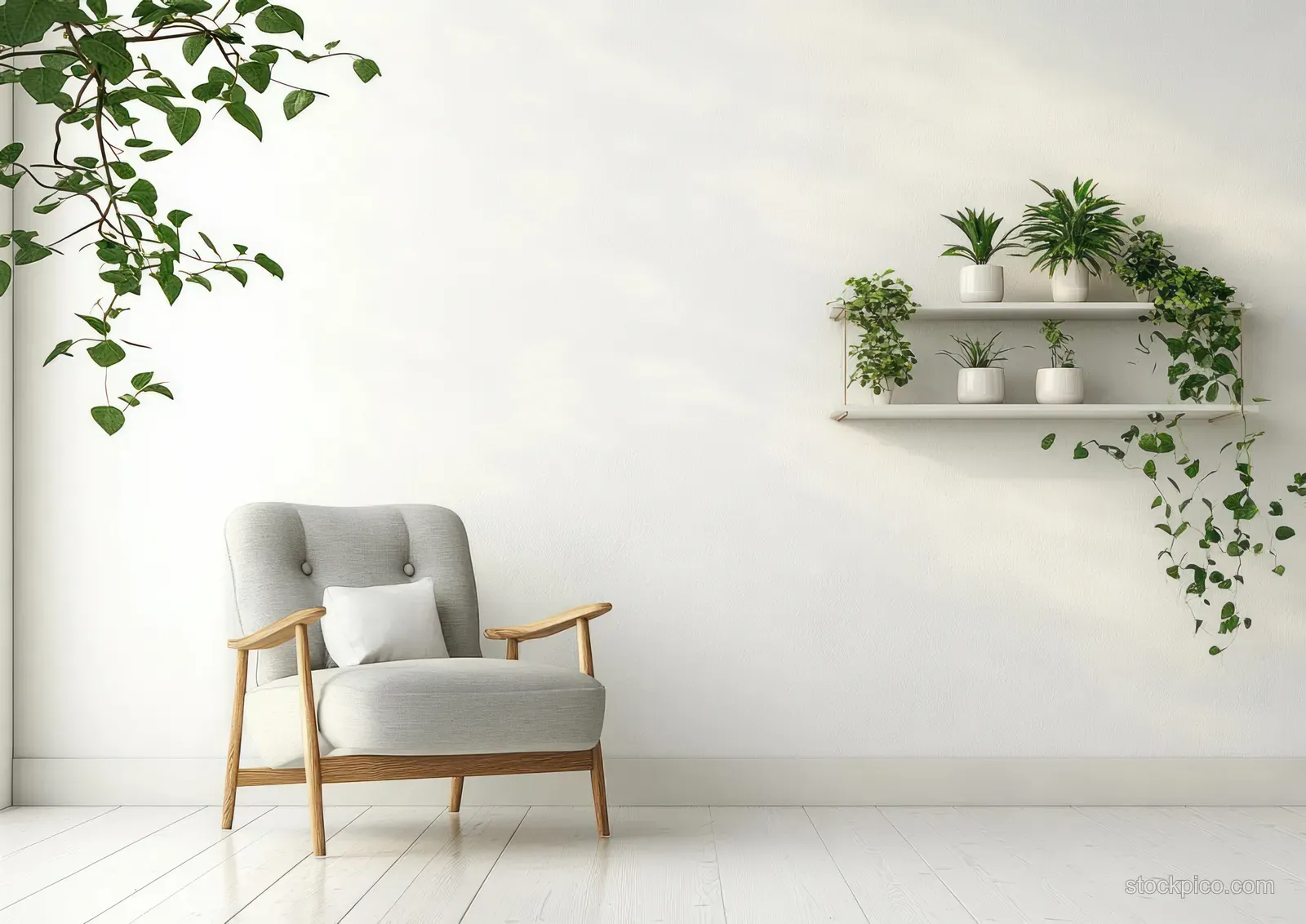 Gray armchair in a bright Scandinavian living room with warm lamp lighting and potted plants on wall shelves.