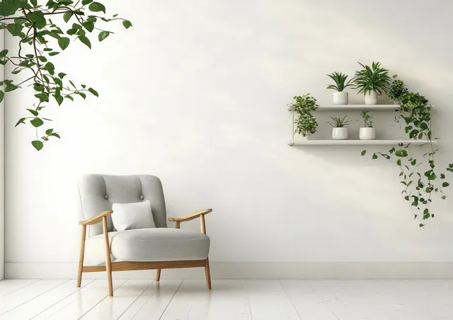 Gray armchair in airy Scandinavian living room with warm lamp glow and potted plants