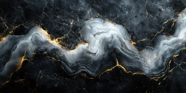 Polished black marble tile surface with swirling grey veins and golden fissure highlights