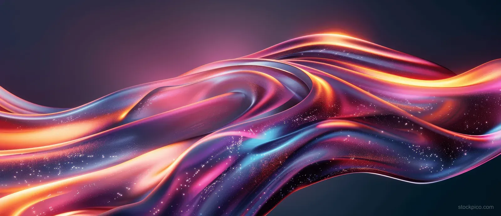 Iridescent metallic liquid waves with neon purple and orange glow flow across a dark gradient background.