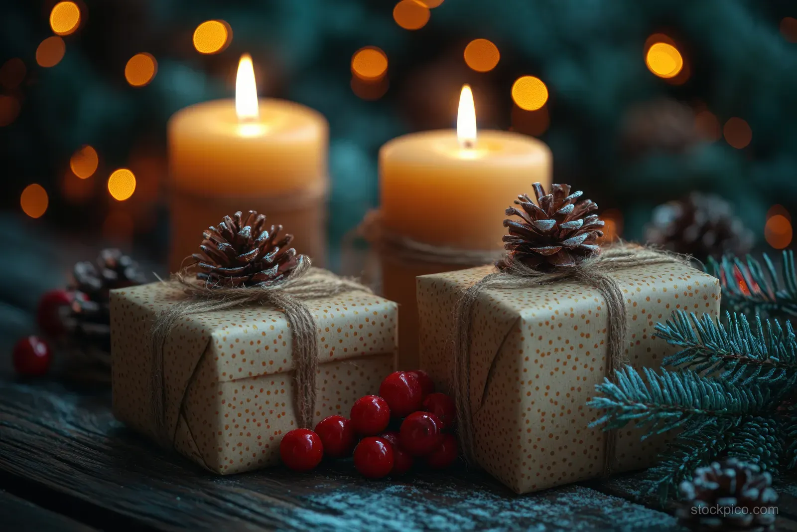 Two lit Christmas candles and wrapped gifts rest on rustic wood with pinecones, berries, and evergreen sprigs.
