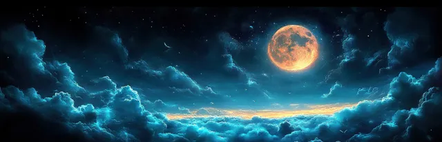 Glowing full moon hovering over dark swirling clouds with bats silhouettes in a midnight sky.