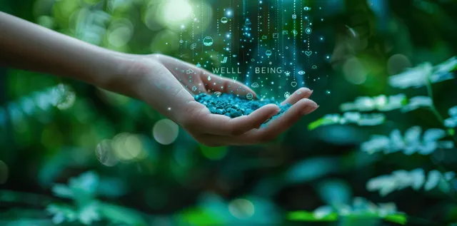 Hands cupping glowing well-being particles above a soft green background.