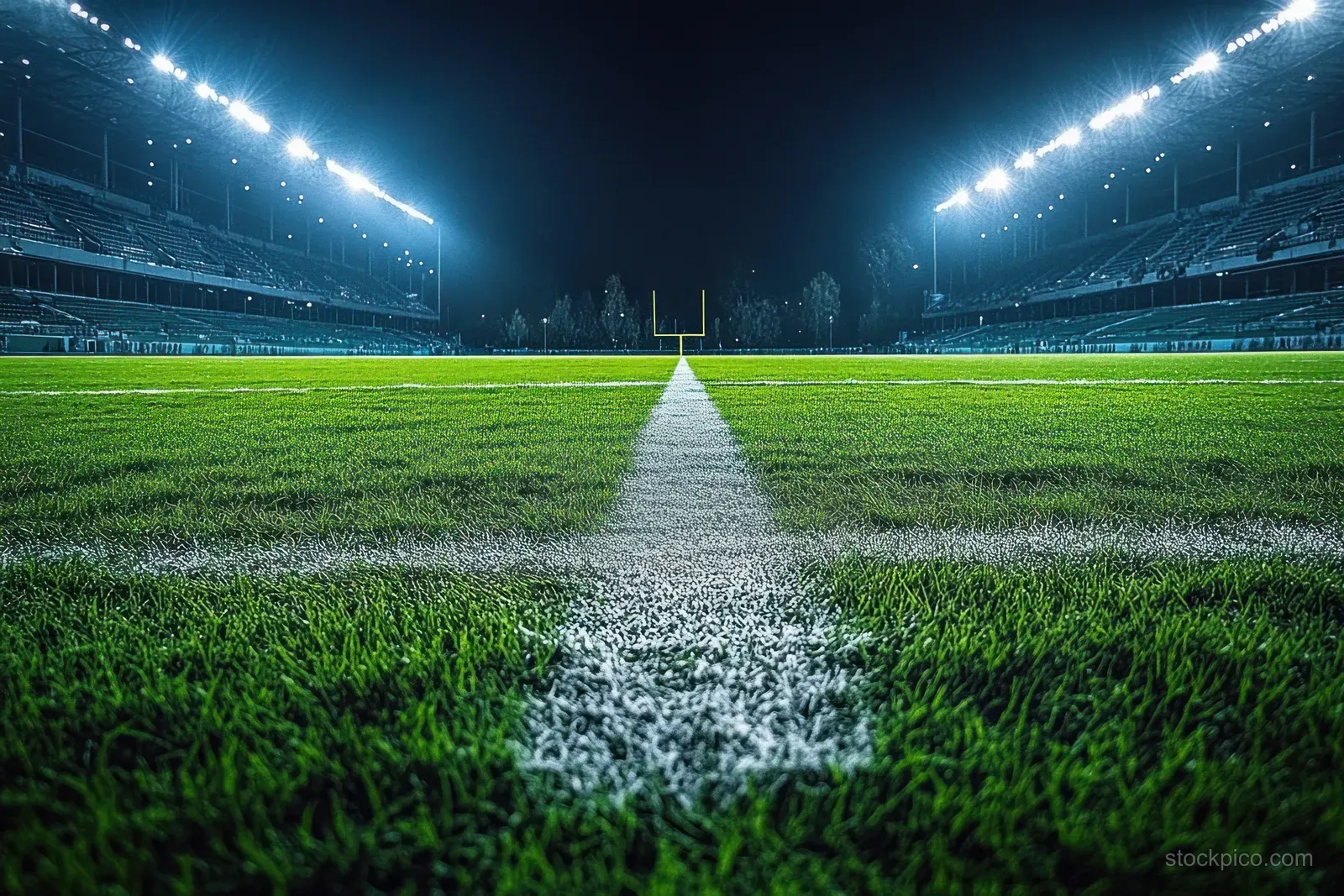 Empty soccer stadium at night with bright floodlights shining over a green grass field and center line.