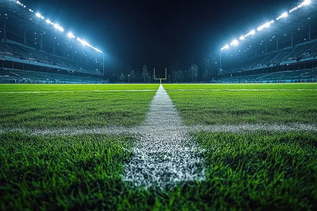 Empty soccer stadium at night, floodlights illuminating green pitch toward the center line