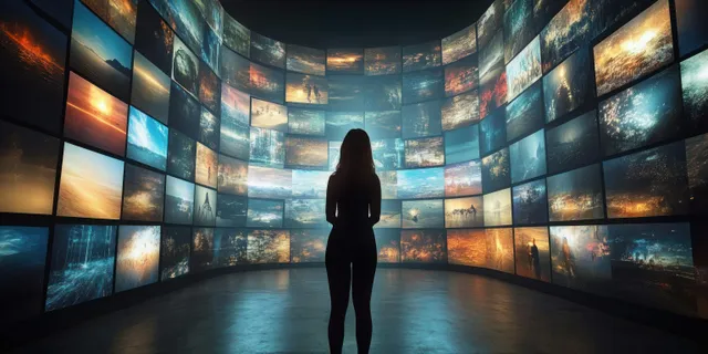 Silhouetted woman stands inside a curved video wall installation surrounded by glowing multimedia screens.