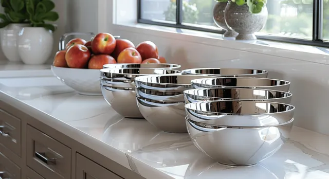 Stacked Stainless Steel Bowls and Fruit on a Bright Kitchen Counter