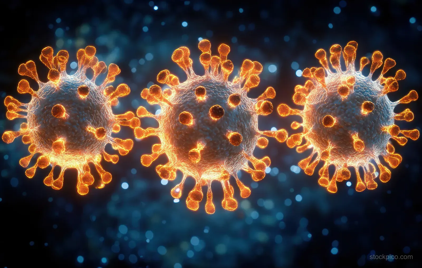 Three glowing orange virus particles with spike proteins float against a dark blue background with faint light specks.