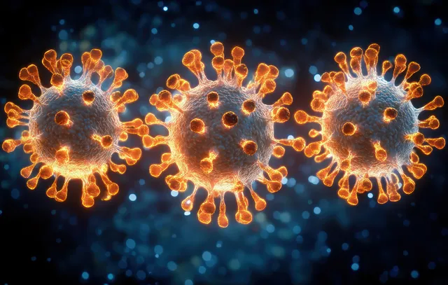 Three glowing orange virus particles with spike proteins float against a dark blue background with faint light specks.
