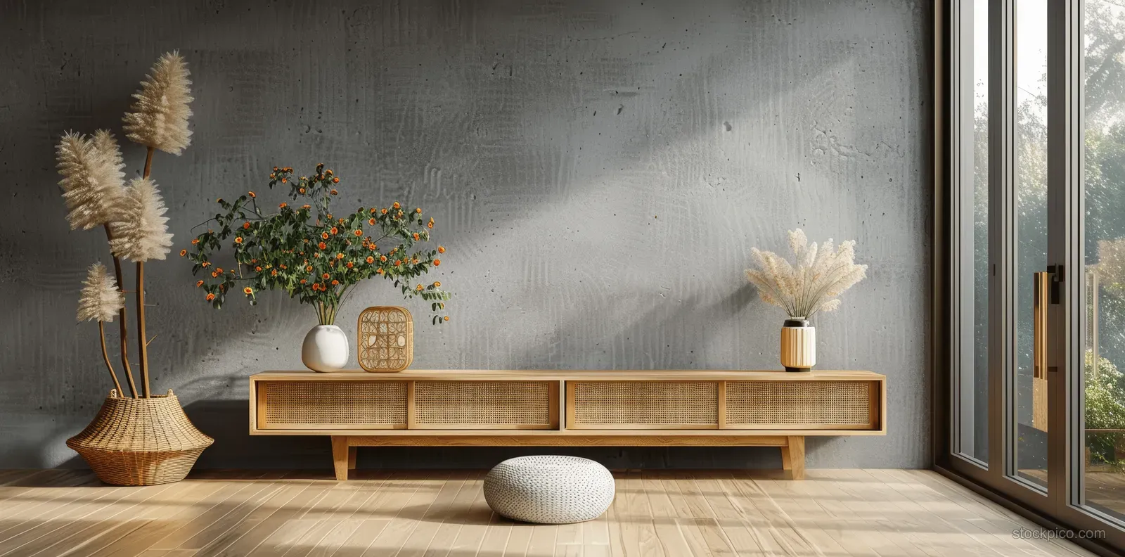 Minimalist concrete wall living room with a wooden rattan cabinet, decor items, and soft daylight from a window.