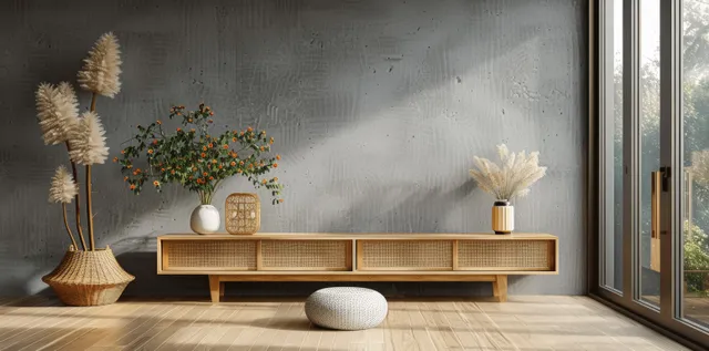 Minimalist concrete wall living room with a wooden rattan cabinet, decor items, and soft daylight from a window.