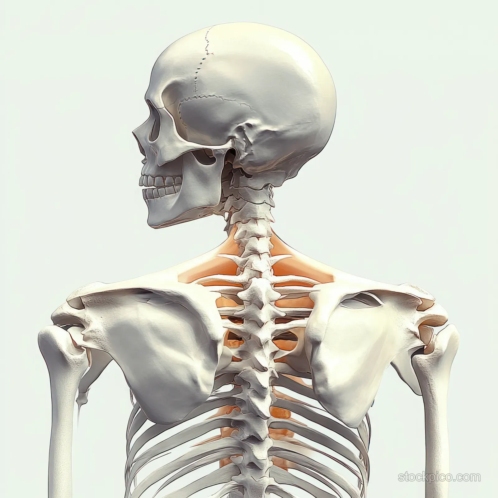 3D human skeleton bust with visible spine, ribs, and shoulder blades under soft diffused light on a minimal background.
