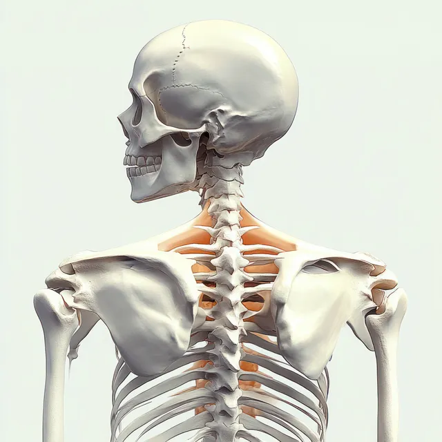3D human skeleton bust showing spine and shoulder blades with soft diffused studio light