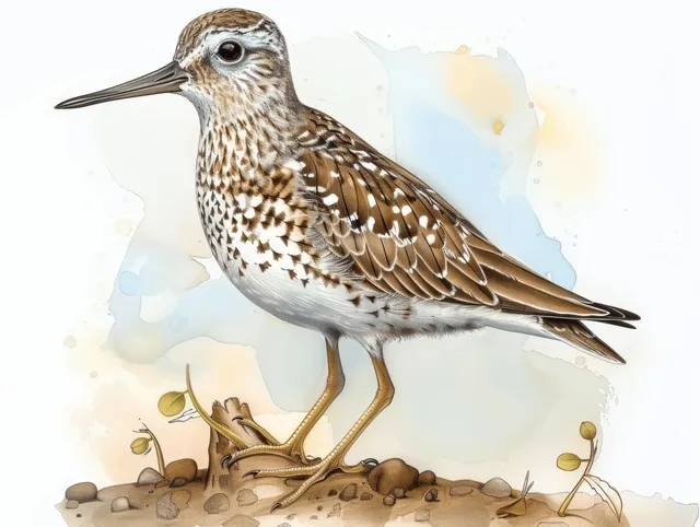 Full body white-tailed wood sandpiper standing on sandy ground, watercolor illustration