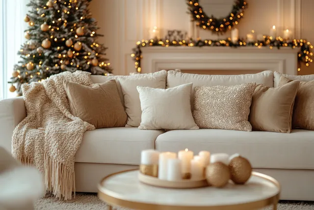 Beige sofa with knit throw and pillows, Christmas candles glowing in warmly lit living room