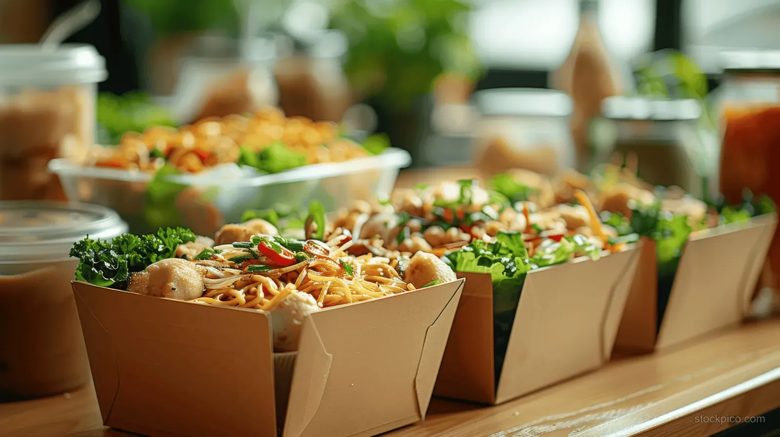 Multiple Asian noodle lunch boxes in brown paper containers topped with herbs rest on a cafe counter.