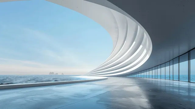 Futuristic curved concrete corridor stretching toward the ocean, with glowing geometric light