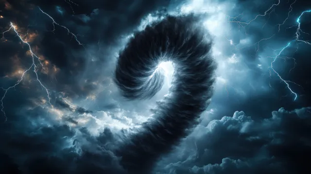 A tornado vortex spins amid dark storm clouds while lightning strikes illuminate the sky.