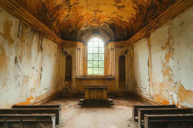 Empty abandoned chapel interior with peeling plaster walls, wooden pews, and an arched window of soft daylight.