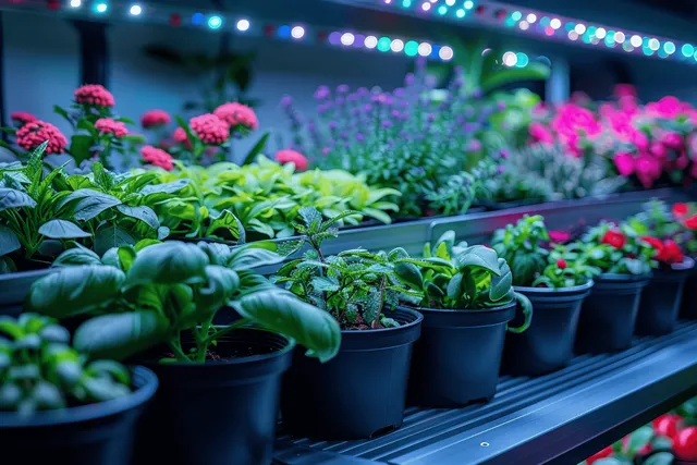 Row of potted herbs under LED grow lights in a bright indoor garden setup