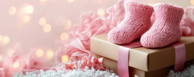 Pink baby booties placed on ribbon-wrapped gift boxes with soft pink bokeh lights in the background.
