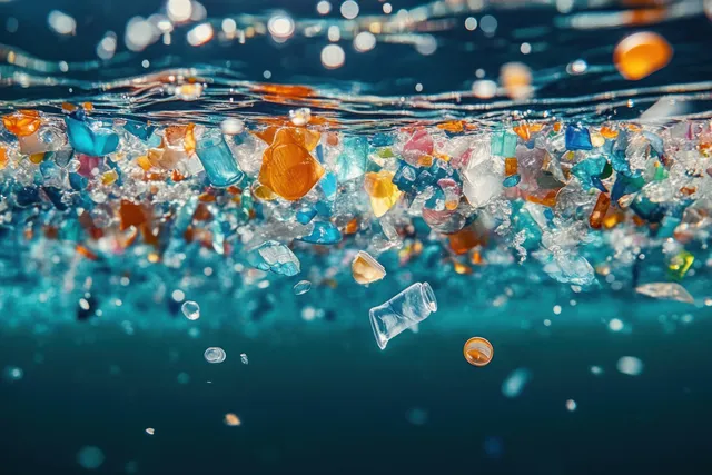 Colorful plastic fragments float just below the ocean surface with bubbles in blue water.