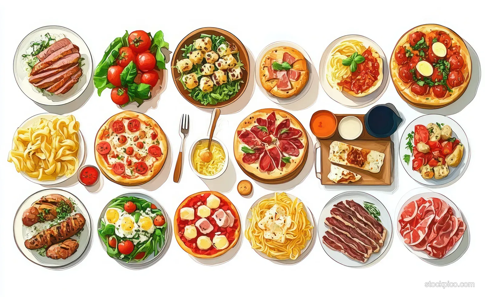 Assorted Italian dishes including pizza, pasta, salads, cured meats, and dipping sauces arranged on a white background.