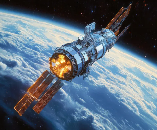 Metallic satellite with glowing thrusters orbits above Earth’s cloudy atmosphere with stars filling the background.