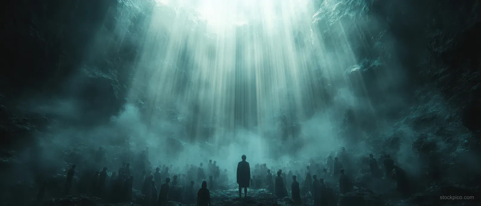 Silhouetted audience seated in a dark auditorium with smoky volumetric light beams over a stage figure.