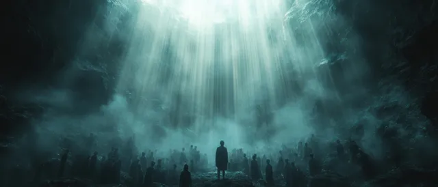 Audience silhouettes seated in a dark auditorium under ethereal volumetric stage lighting beams