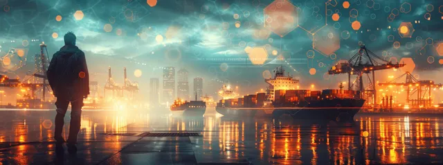 Engineer walking by port at night with glowing shipping containers and cargo cranes