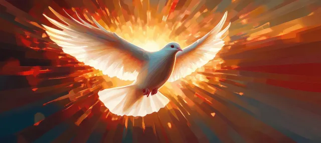 A white dove with outstretched wings flies through radiant light rays and glowing red-orange flames.