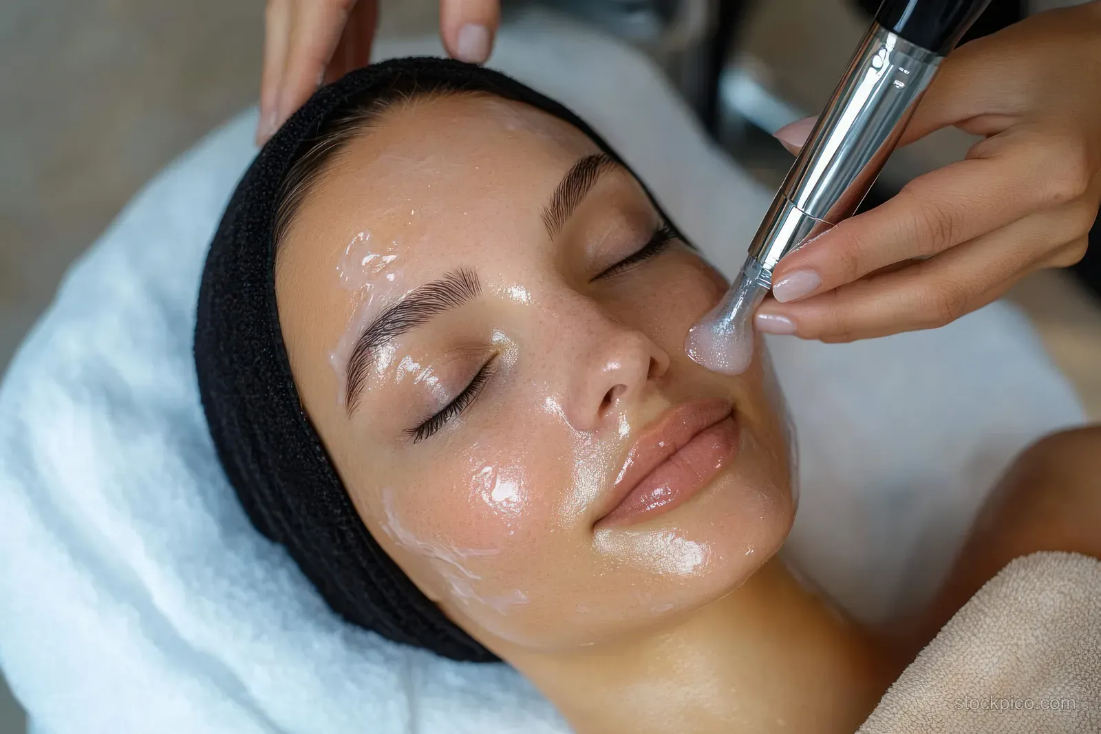 An esthetician applies clear facial gel with a handheld device while a woman lies with eyes closed in a spa treatment bed.