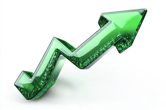Shiny green 3D zigzag arrow pointing upward on white background