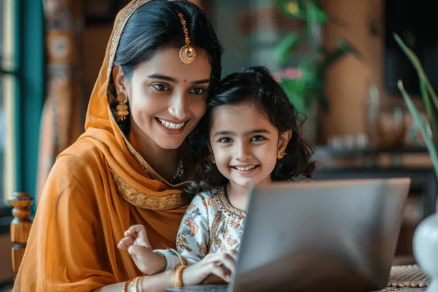 Indian mother and daughter smiling during online learning at home with laptop